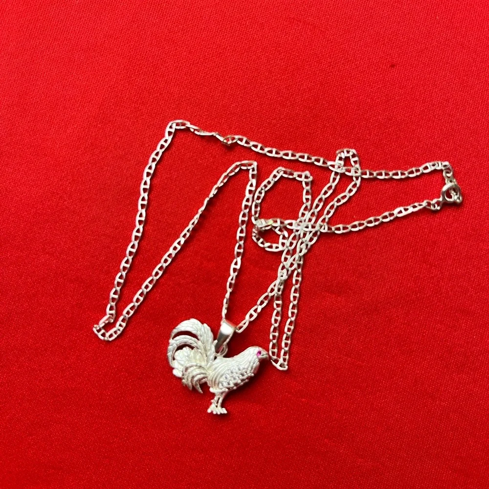 925 Sterling Silver‎ Rooster Charm Pendant Cubic zircon and chain necklace